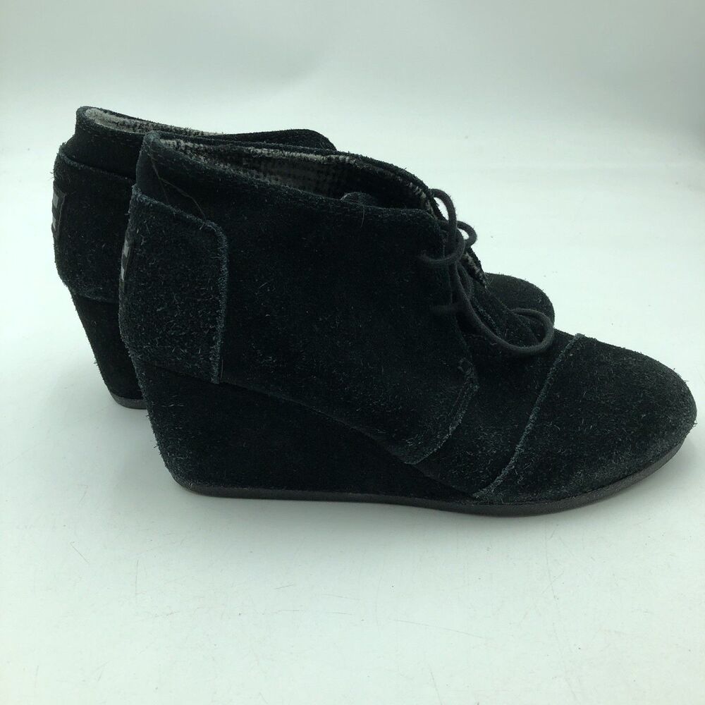 Toms Womens Black Suede Wedge Ankle Boots Size 9.5 Lace Up